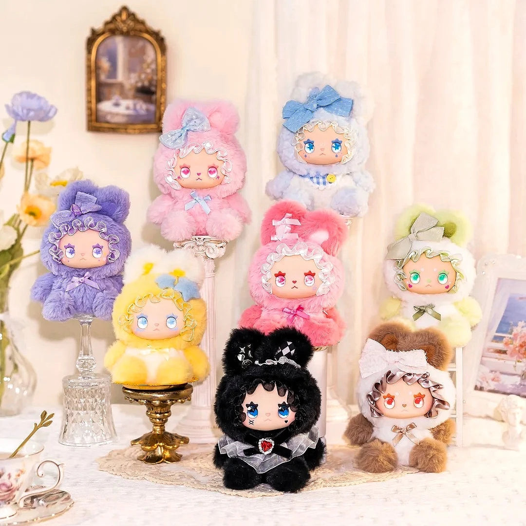 Collection of colorful plush toys with various designs on a decorative background