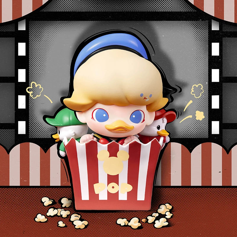 Cartoon character with popcorn in a movie theater setting