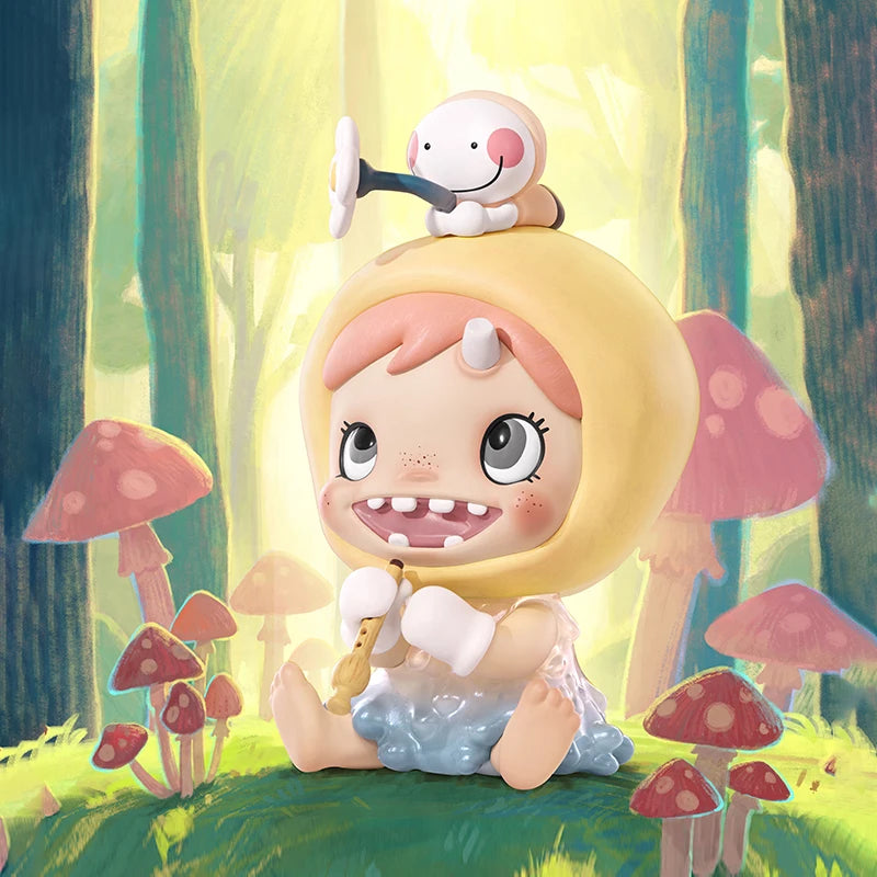 Cartoon character with a baby-like appearance in a forest setting with mushrooms