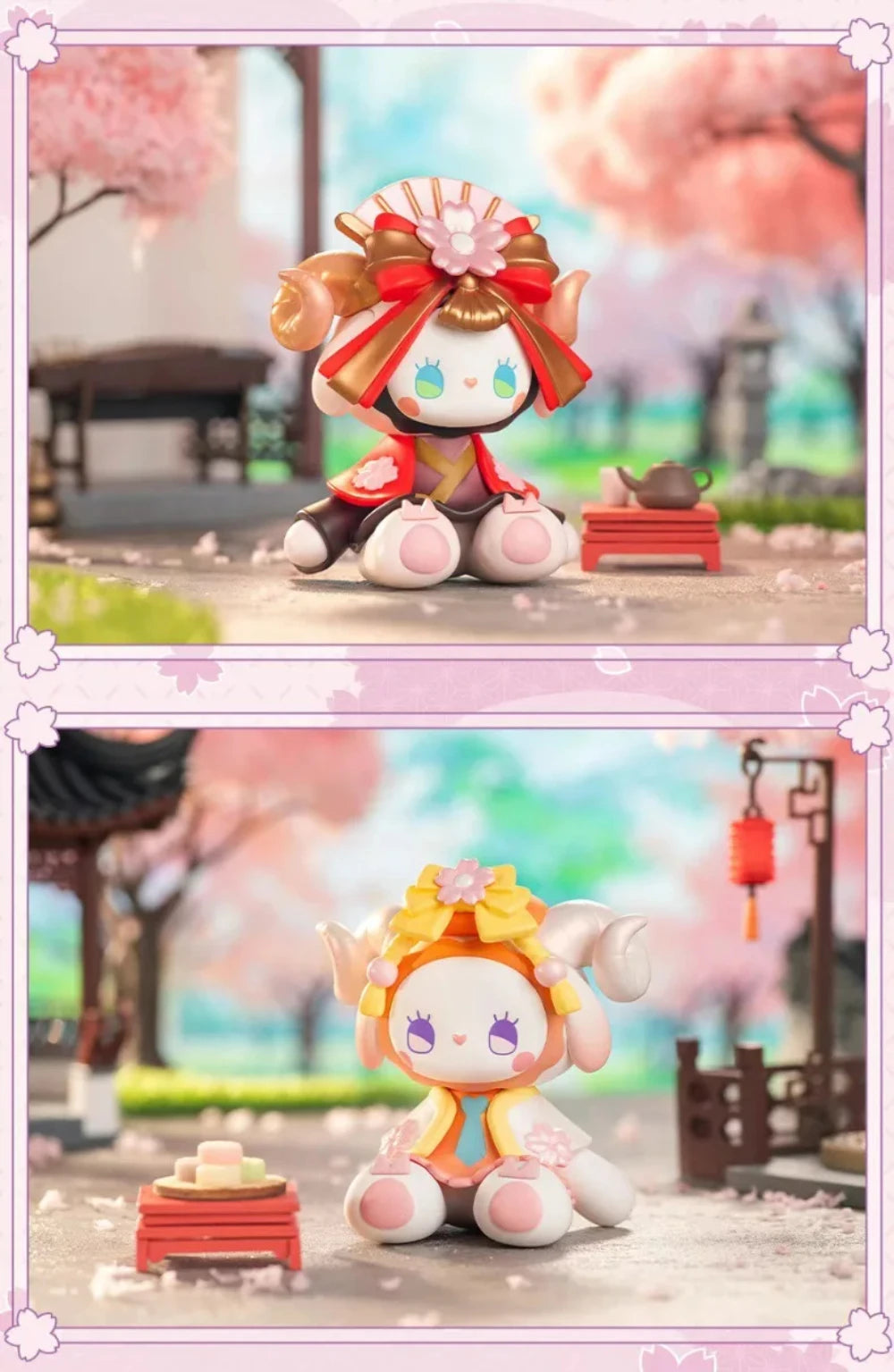 Two cute figurines with cherry blossom background