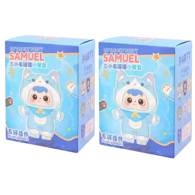Two packaging boxes for a product named 'Samuel' featuring a cartoon character on a blue background.