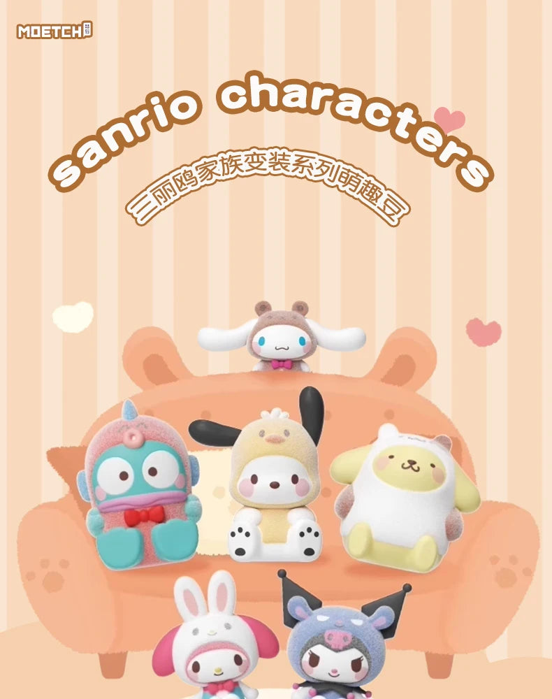Sanrio character figurines on a pink couch with a soft focus background