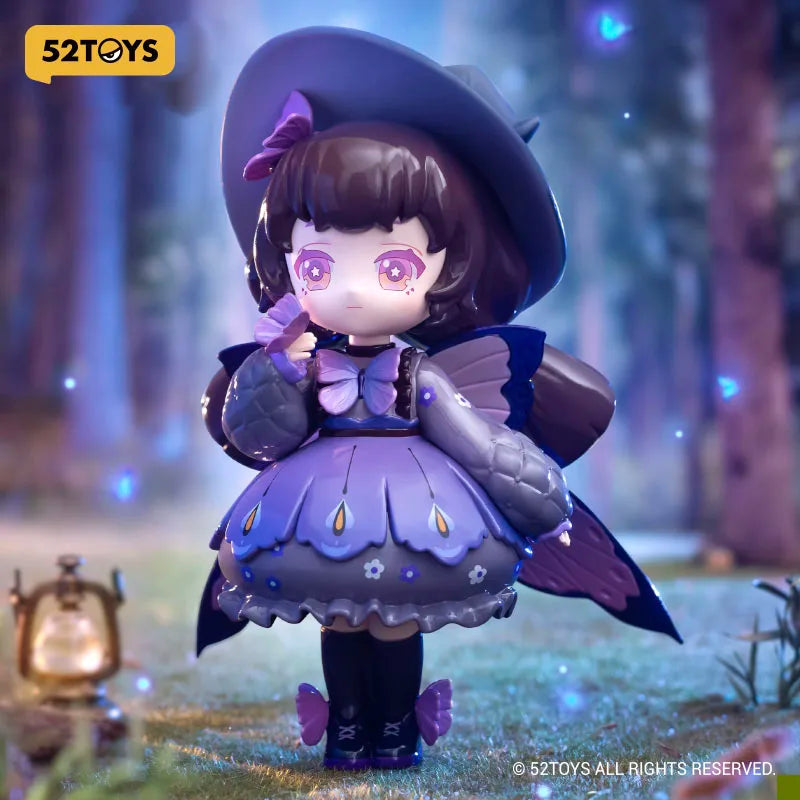 Toy figure of a character in a purple outfit with butterfly wings, standing in a mystical forest setting.