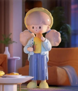 Animated character with angel wings holding a drink in a cozy indoor setting