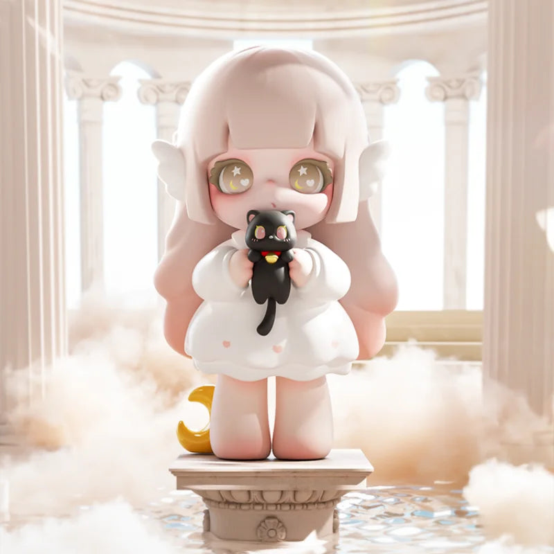 Cute character with pink hair and large eyes holding a black plush toy in an elegant indoor setting.
