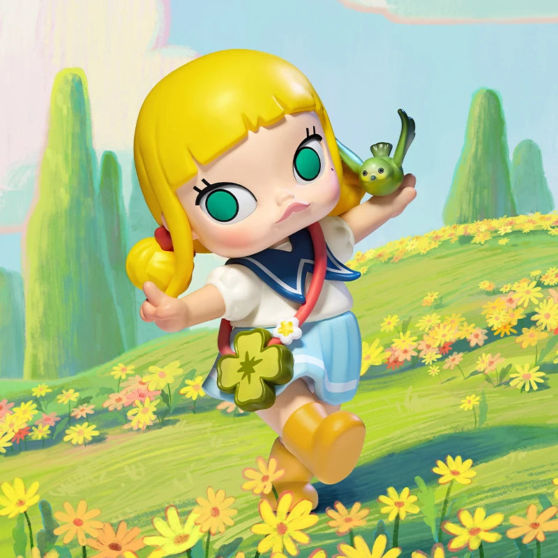 Animated character with blonde hair and green eyes holding a frog, standing in a colorful landscape with flowers and trees.