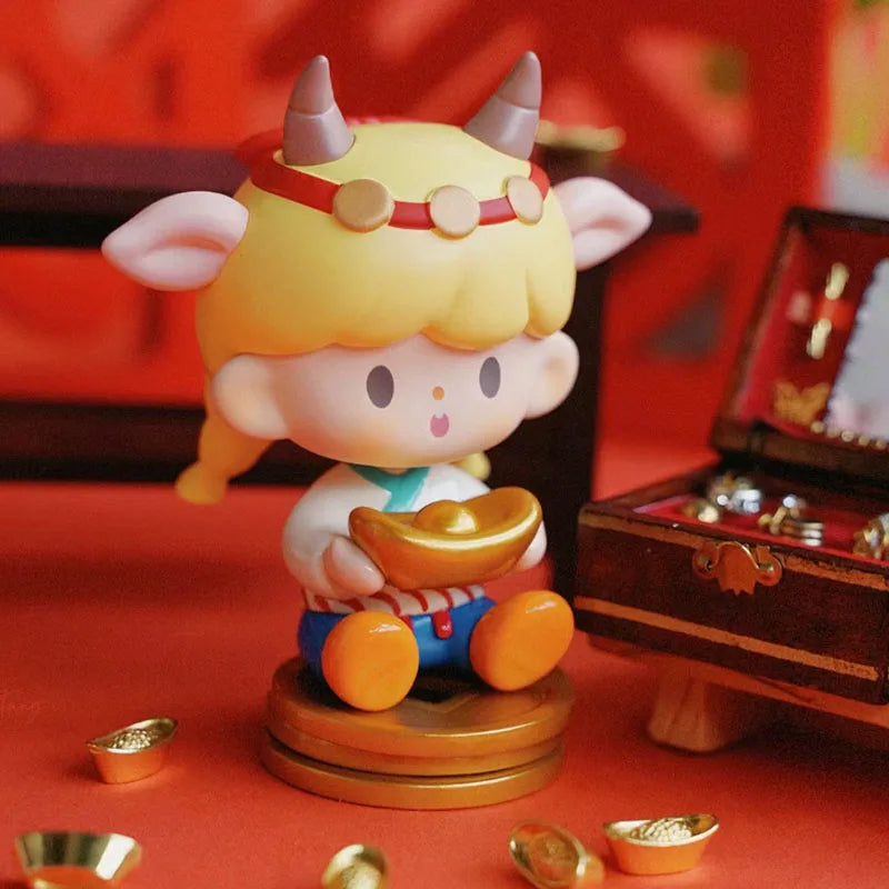 Cute figurine of a cow with human-like features on a red background
