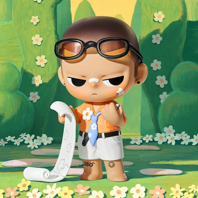 Cartoon character with sunglasses and a flower tie standing in a colorful, cartoon-like landscape.