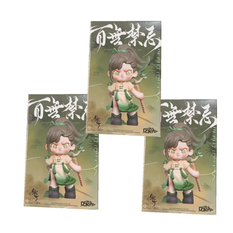 Three identical figurines in green and black attire with a white background