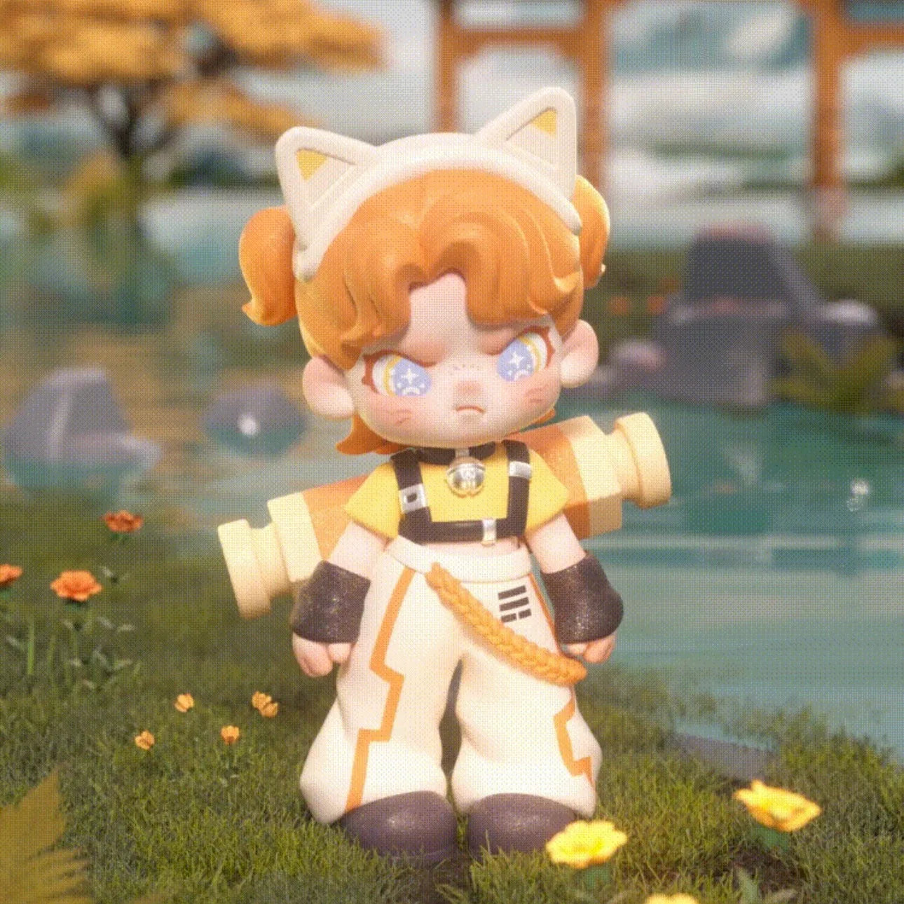 Toy figure with cat-like design in a natural setting