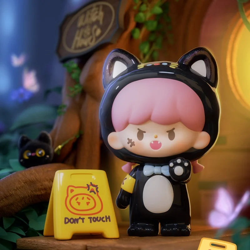 Cartoon character with black hair and pink headband standing next to a 'Don't Touch' sign in a decorative setting.