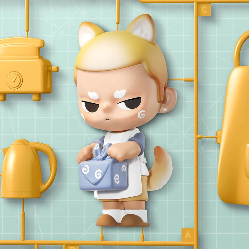 POP MART KUBO 24/7 YOU blind box figure with animal ears holding a blue bag in a kitchen setting with yellow appliances.