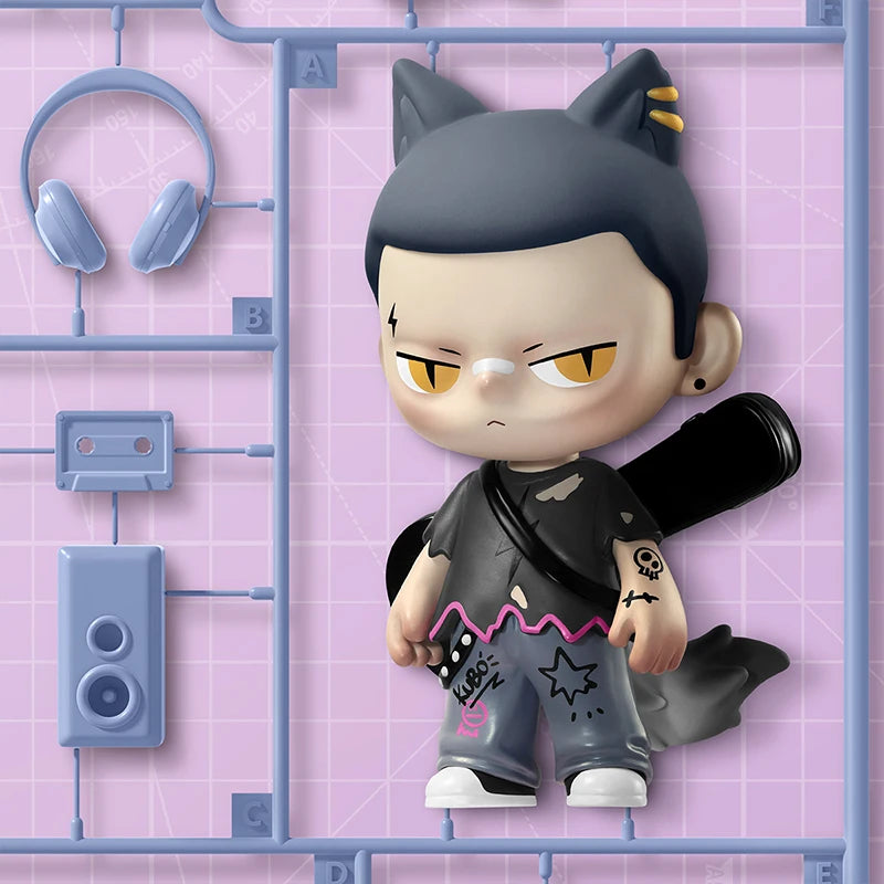 POP MART KUBO 24/7 YOU blind box figure with cat ears and tattoos on a pink grid background with headphones and cassette player.