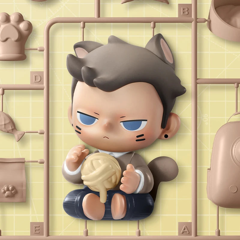 POP MART KUBO 24/7 YOU blind box figur with animal ears holding a brain, surrounded by shelves and items on a yellow background