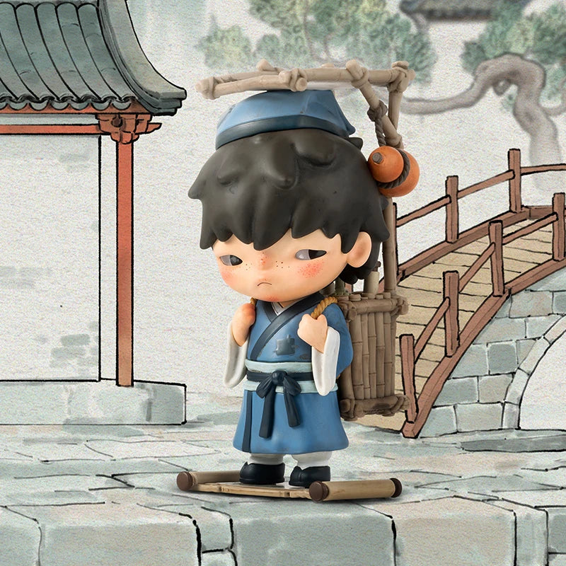 POP MART Matchless 14th Anniversary figure in blue outfit carrying a wooden basket & has a blue hat on