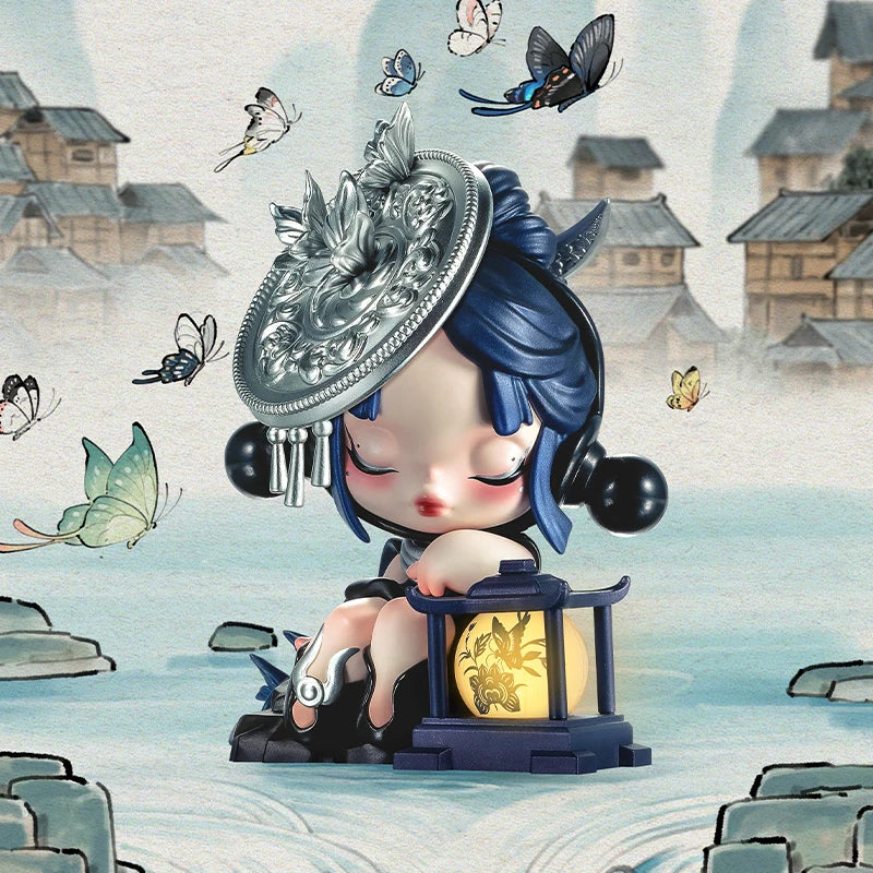 POP MART Matchless 14th Anniversary figure in black outfit holding a lamp with a butterfly silver hat