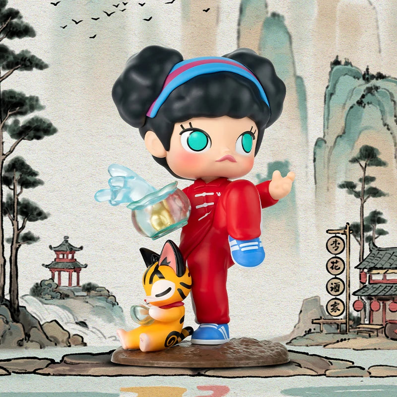 POP MART Matchless 14th Anniversary figure in red outfit with small animal companion