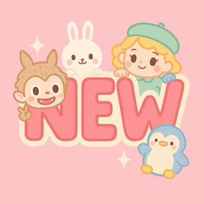 Playful pastel illustration of the word NEW with kawaii characters like Labubu, bunny, penguin, and girl popping out from behind the letters.