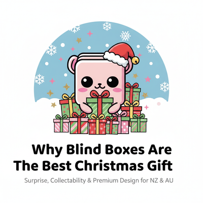 Banner showing the BlindBox NZ logo and the title Why Blind Boxes Are the Best Christmas Gift in 2025, with a pastel blue background and kawaii star accents.