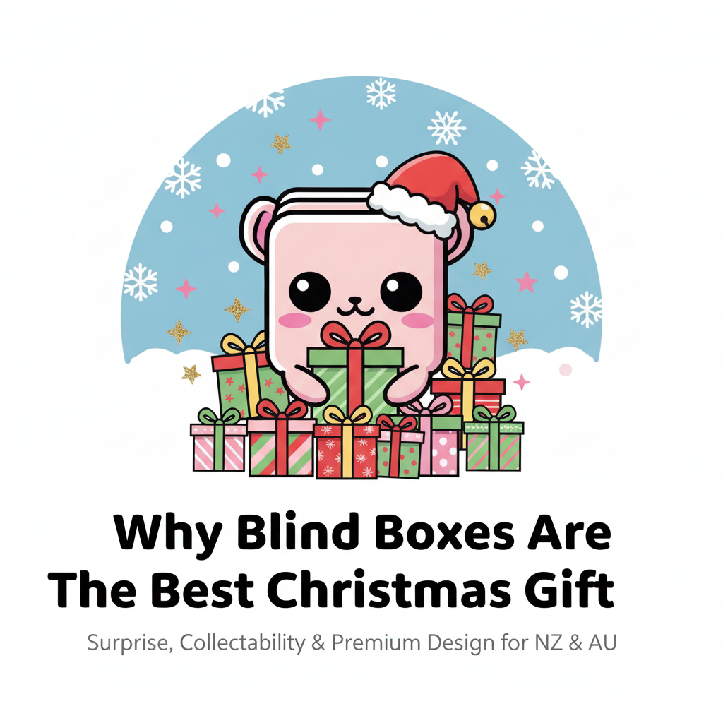 Banner showing the BlindBox NZ logo and the title Why Blind Boxes Are the Best Christmas Gift in 2025, with a pastel blue background and kawaii star accents.