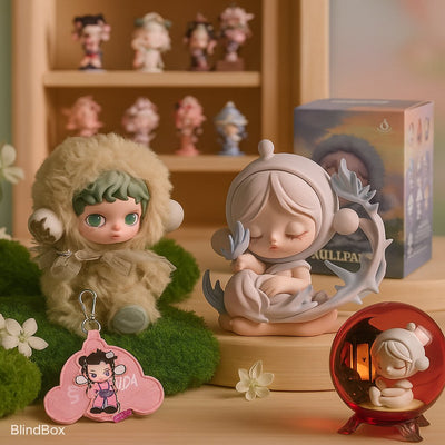 SKULLPANDA collectible figures and accessories arranged in a dreamy pastel display with plush, vinyl figures, keychain, and mystery box packaging.