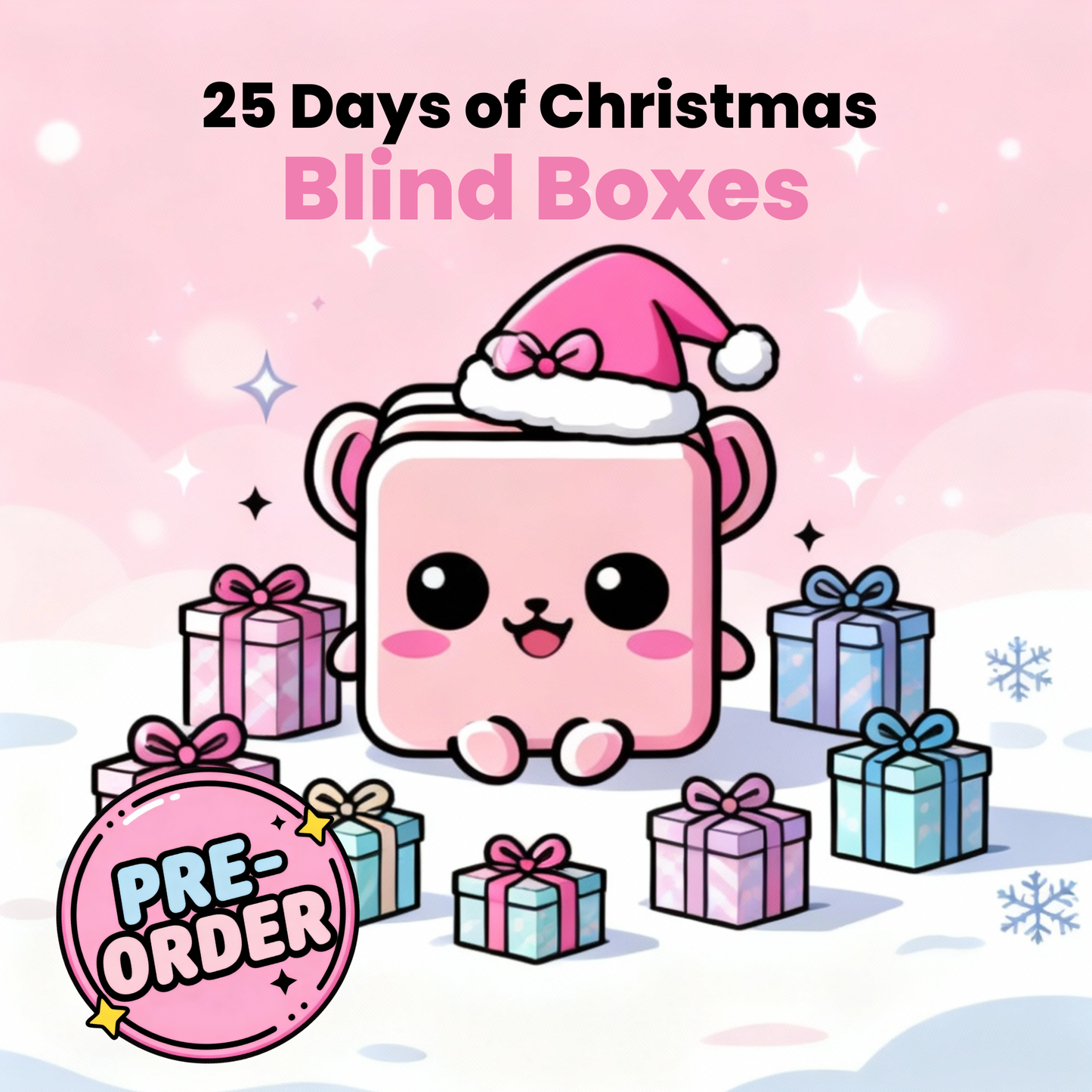 Adorable BlindBox NZ character in Santa hat surrounded by pastel Christmas gifts promoting the 25 Days of Christmas Deluxe Countdown Blind Box Set, ultimate festive collectible experience for NZ collectors.