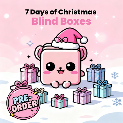 Kawaii pink BlindBox NZ mascot wearing a Santa hat surrounded by pastel gifts promoting the 7 Days of Christmas Mini Countdown Blind Box Set, hand-wrapped and pre-order exclusive in New Zealand.