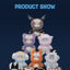 Collection of plush toys arranged in a pyramid formation on a dark blue background with text.
