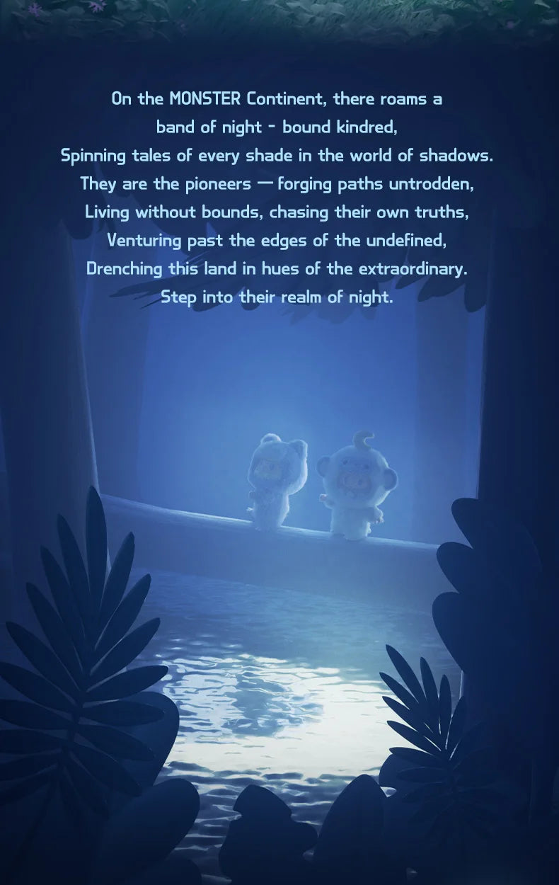 Two silhouettes standing in a mystical, dark forest with a glowing blue light and text overlay.