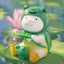 Toy frog sitting on a lily pad with a smaller frog figure beside it, against a pond background.