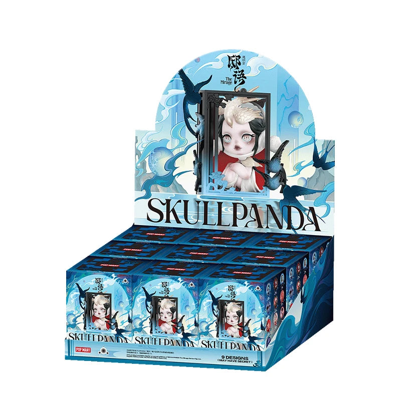 Display box of Skullpanda figurines with a blue and white design.