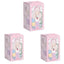 Three pink boxes with a character design on a white background