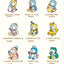 Set of cartoon characters with various themed names on a white background