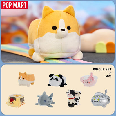 Plush toy with corgi design on a colorful background, featuring the Pop Mart brand.