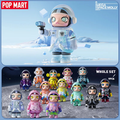Collection of space-themed figurines with a blue and white background, featuring the Pop Mart brand.