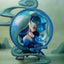 Animated character with blue hair and outfit inside a glass bubble with a greenish background