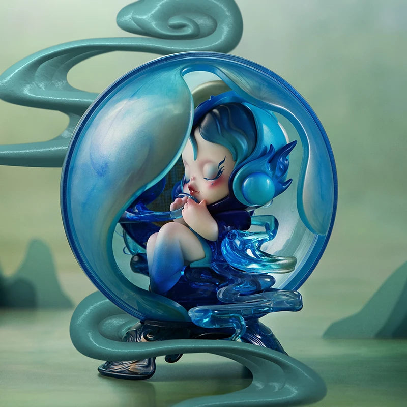 Animated character with blue hair and outfit inside a glass bubble with a greenish background