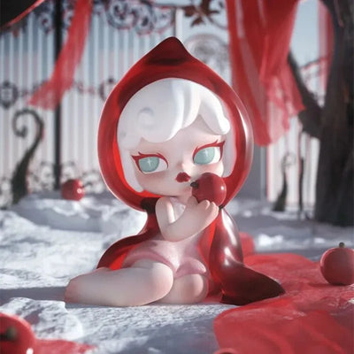 Animated character in a red hood holding an apple in a snowy setting