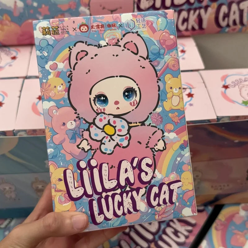 Colorful packaging of 'Liila's Lucky Cat' with cartoon character on a blurred background