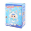 Box of a plush toy named Samuel with a cartoon cat design on a blue background