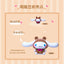 Cartoon character plush toy with a brown outfit and white accents on a beige background