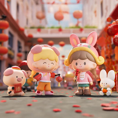 Cartoon characters in festive attire with red lanterns and decorations in the background