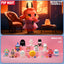 Collection of small figurines with a pink background, featuring the brand 'Pop Mart'.