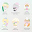 Set of cartoon character illustrations with various activities on a light pink background