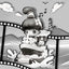 Cartoon character on a boat with filmstrip borders and musical notes.