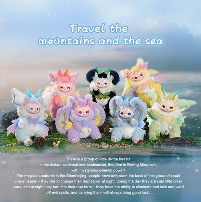 Group of colorful fantasy creatures on a mountain and sea background with text.