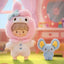 Plush toy in a pink bunny costume with a small blue plush toy in a room with pink walls and toys.
