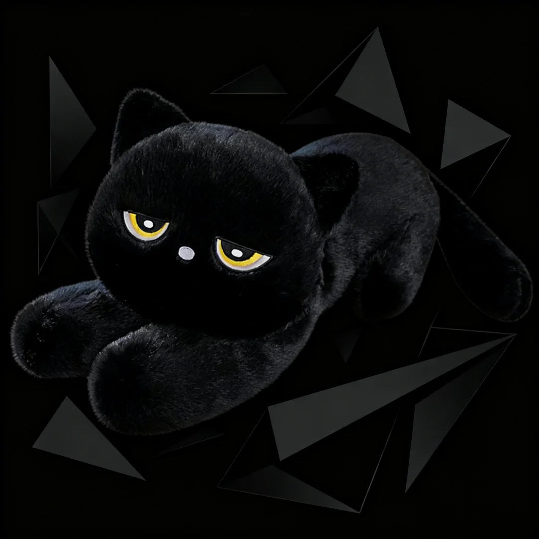 Cute Half Round Eyed Black Cat Plush front product view
