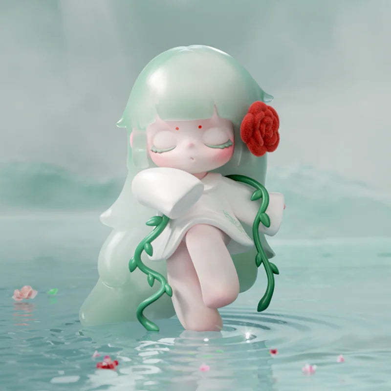 Animated character with light green hair and a red flower in the water