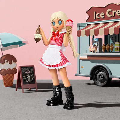 Animated character in a red dress with ice cream cones in front of an ice cream truck.